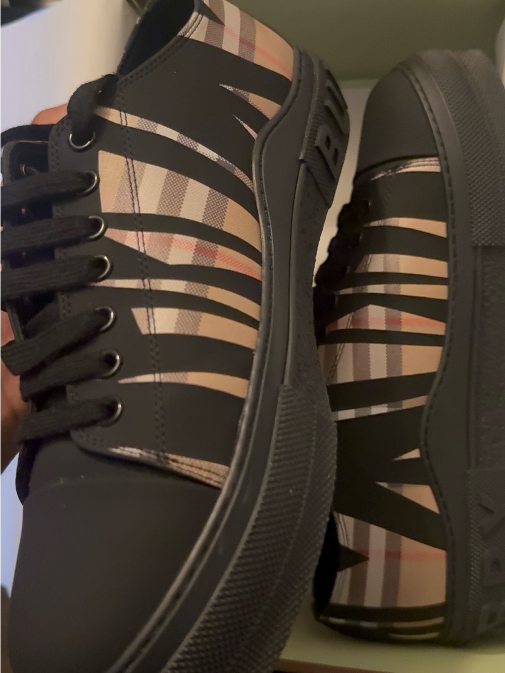 Burberry Black Sneakers with Classic Beige Check Stripes